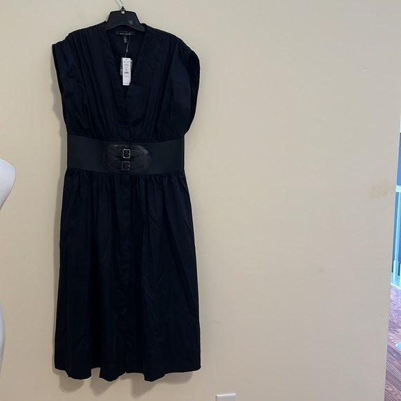 NEW WHBM $180 Elegant Black Midi Dress cap sleeves belted poplin dress size 18 - Picture 7 of 12